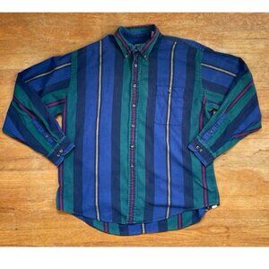 Vintage Mens Striped Lands End Shirt Size XL 1980s Colorful Striped Twill Flanne